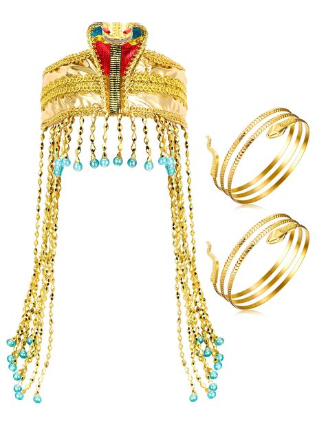 PRICES MAY VARY. Nice combinations: you will receive 2 pieces of metal snake arm cuffs in gold, 1 piece of women gold Egyptian headpiece with beautiful bead, can be nicely matched with your different styles of outfit, which will be a delicate addition to your whole dress up Eye-catching design: these clothing accessories use Egyptian theme elements, the arm cuffs are designed into swirling snake patterns, like twisted snakes around the arms, the headdress is also decorated with cobra patterns, v Egyptian Cake, Egyptian Inspired Fashion, Egyptian Headpiece, Egyptian Party, Egyptian Theme, Egyptian Accessories, Metal Snake, Beaded Headpiece, Egyptian Women