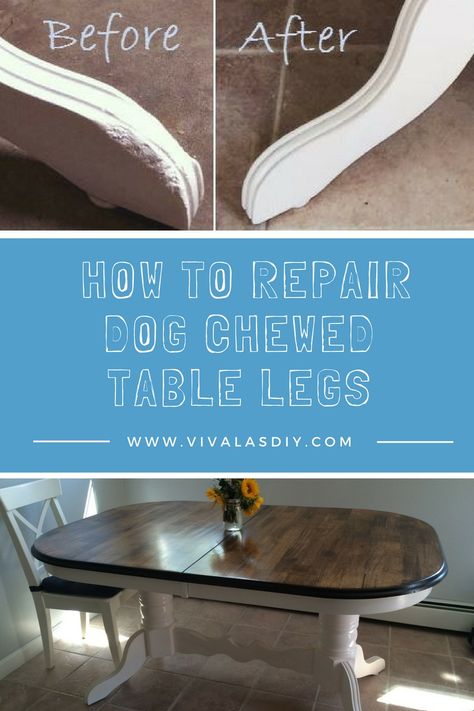 Learn how to quickly repair chewed or chipped wood! Our farmhouse table had chewed legs which I repaired with Kwikwood! Repair Wood Furniture, Repair Furniture, Kitchen Table Makeover, Wood Repair, Furniture Fix, Home Fix, Furniture Rehab, Diy Holz, Furniture Repair