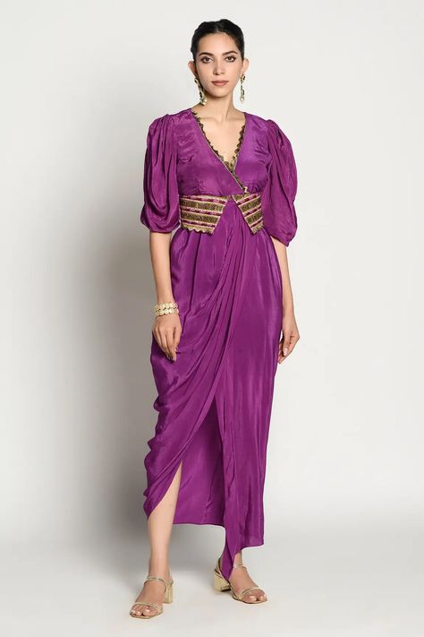 Buy Rishi & Vibhuti Purple Crepe Aalia Draped Dress With Belt Online | Aza Fashions