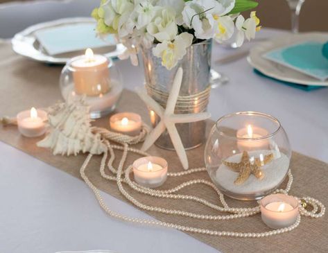 Sand, Pearls and Starfish  / Wedding "Beach Bliss" | Catch My Party Napkins Ideas, Beach Wedding Candles, Beach Table Decorations, Beach Centerpieces, Candles And Flowers, Starfish Wedding, Beach Wedding Centerpieces, Beach Wedding Reception, Beach Bridal Showers