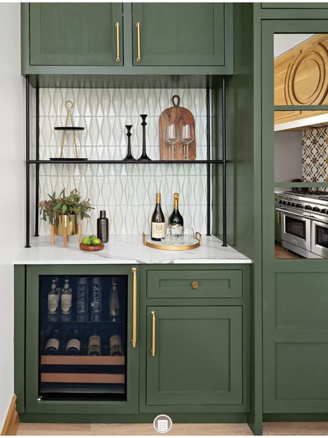 Green Dry Bar, Green Coffee Bar Cabinet, Green Cabinets Bar, Closet Dry Bar Ideas, Wet Bar With Wallpaper, Dining Room Cabinets Built In Buffet With Wine Fridge, Tiny Home Bar, Beverage Center Built In, Bar Built Into Wall