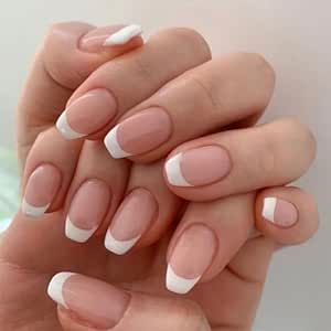 Short Press on Nails Coffin White French Tip Fake Nails Full Cover Nude Acrylic Nails Press ons Reusable Glue on Nails for Women Daily Wear 24 Pcs Nail Art French, White French Nails, Short Press On Nails, Easy Nails, Nagel Tips, Short Square Nails, French Nail Art, Fake Nails With Glue, Nail Forms