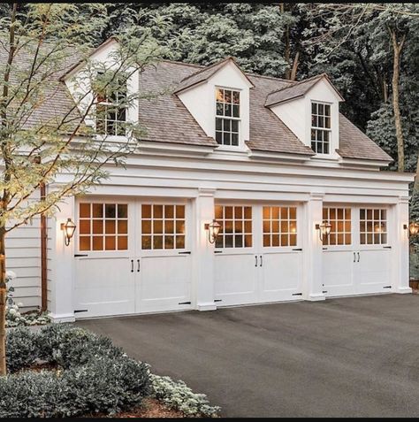 White Garage, Plan Garage, Carriage House Garage, Carriage House Plans, Garage Addition, Garage Exterior, Carriage Doors, Covered Walkway, Up House