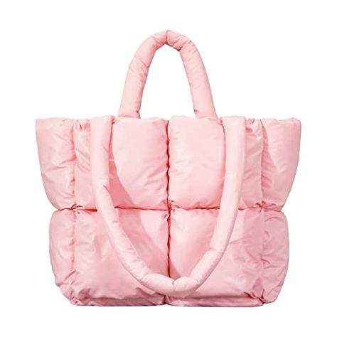 Large Puffer Tote Bag, Trendy Quilted Cotton Padded Handbags for women, Soft Shoulder Bag Nylon Down Pillow Shopper Bag Puffy Bags, Puffer Tote Bag, Tote Bags For School, Chic Quilts, Work Tote Bag, Quilted Tote Bags, Pink Tote Bags, Quilted Handbags, Nylon Tote Bags