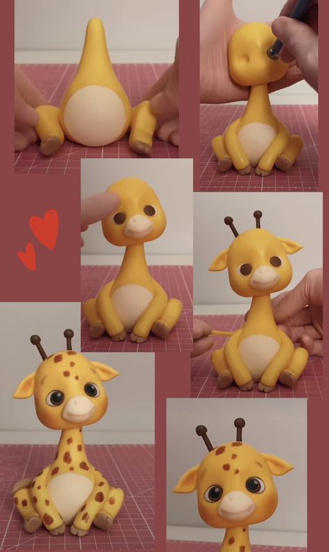 Giraffe Fondant Topper, Clay Giraffe Sculpture, Safari Pasta, Porcelana Fria Ideas, Clay Giraffe, Fondant Animals Tutorial, Fondant Giraffe, Fondant Figures Tutorial, Fondant Cake Designs