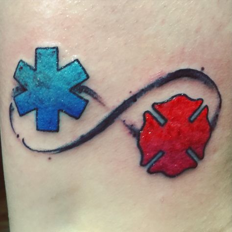 Star of life and Maltese cross tattoo symbolizing my love of volunteering. Star Of Life Tattoo, Ems Tattoos, Firefighter Tattoo, Fire Fighter Tattoos, Dna Tattoo, Nurse Tattoo, Geometric Tattoo Arm, Fire Tattoo, Full Sleeve Tattoos