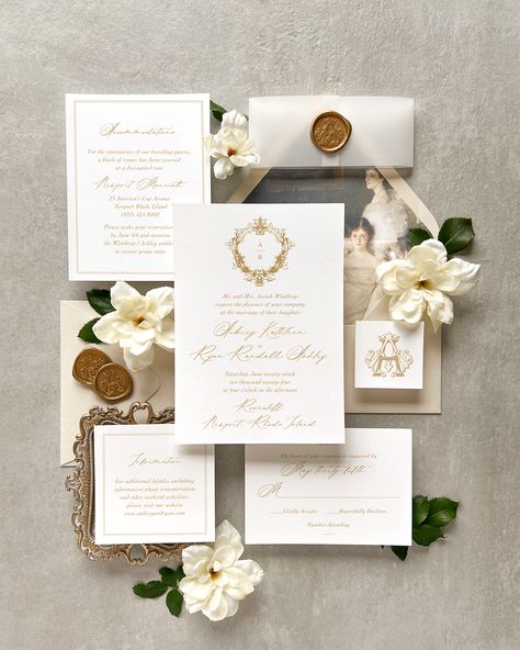 Discover the perfect blend of sophistication and romance in our latest creation - the Aubrey Collection. An elegant gold wedding invitation with a baroque style crest by Blonde & Brindle Design Co. Adorned with intricate details and shimmering gold accents, this stationery is guaranteed to set the tone for your fairytale wedding. #weddinginvitations #elegant #timeless #classic Ivory And Gold Wedding Invitations, Champagne And White Wedding Invitations, White And Gold Wedding Invitations Elegant, Wedding Invitation White And Gold, Wedding Invitations Gold And White, Wedding Invitation Inspiration Elegant, White And Gold Invitations, Gold And White Wedding Invitations, White And Gold Wedding Invitations