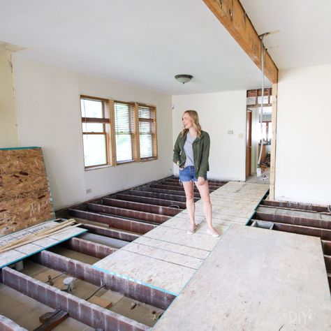 Renovation progress in our finn fixer upper Building A Wooden House, White Oak Hardwood Floors, Large Laundry Rooms, Renovation Budget, Diy Playbook, Oak Hardwood Flooring, Shaker Doors, Farmhouse Barndominium, Steel Beams