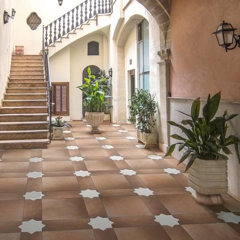 Merola Tile Argile Bordeaux Ferrara with Losanga and Bianco Star 24-5/8" x 24-5/8" Porcelain Floor and Wall Tile - Kit (4 Tiles) - Bed Bath & Beyond - 40599127 Mexican Tile Stairs Staircases, Front Entry Tile, Branding Deck, Mexican Tile Stairs, Spanish Flooring, Rustic Mexican Home Decor, Spanish Backyard, Tiled Patio, Spanish Floor Tile