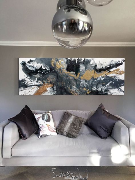 Wide Painting Ideas, Black White And Gold Painting, Modern Art Paintings Black And White, Rectangular Canvas Painting Ideas, Black And Grey Paintings, Wide Paintings, Rectangular Painting, Beginner Painting On Canvas, Easy Canvas Painting Ideas