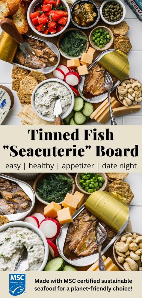 Pinterest graphic for tinned fish charcuterie board (or seacuterie) ideas. Fish Charcuterie Board, Dinner Party Appetizers, Seafood Pizza, Healthy Appetizers Easy, Tinned Fish, Canned Seafood, Seafood Recipes Healthy, Healthiest Seafood, Seafood Appetizers