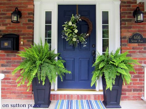 Navy Blue Door, Navy Front Door, Garage Door Colors, Best Front Door Colors, Yellow Front Doors, Best Front Doors, Blue Front Door, Orange Brick, Front Door Paint Colors