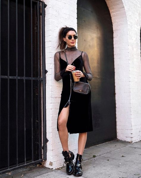 Shop the look from Brittany Xavier on ShopStyle How To Wear A Sheer Top, Mesh Shirt Under Dress, Black Sheer Dress Outfit, Velvet Slip Dress Outfit, Doc Martens Outfit Black, Sheer Dresses Outfit, Velvet Dress Outfit, Svarta Outfits, Velvet Dresses Outfit