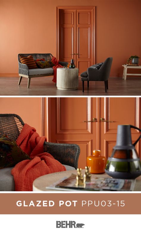 This living room gives off a warm and cozy style thanks to a new coat of Behr Paint in Glazed Pot on the walls. A burnt shade of orange that pairs well with dark gray and neutral white colors, this bold hue is sure to inspire. Click below to see the full color details. Rust Colored Walls Living Room, Behr Glazed Pot, Glazed Pot Behr Paint, Behr Burnt Orange Paint, Burnt Orange Behr Paint Colors, Orange Paint Colors For Living Room, Rust Living Room Walls, Behr Orange Paint Colors, Burnt Orange Walls Living Room