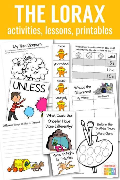 Lorax Worksheets, Lorax Earth Day Activities, Lorax Activities Kindergarten, The Lorax Activities Kindergarten, The Lorax Activities 2nd Grade, The Lorax Lesson Plans, The Lorax Printables, The Lorax Book Cover, Lorax Activities