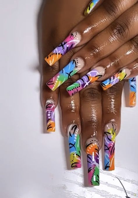 90 Nails The 90s Art Designs, 90 Nails, Freestyle Nails, 90s Nails, Cartoon Mom, Long Nail Art, 90s Art, Retro Nails, September Nails