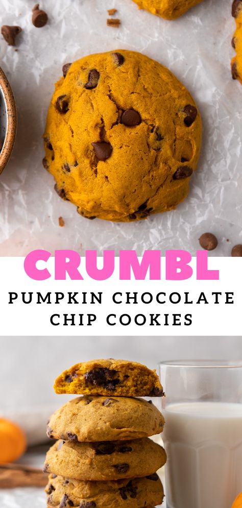 These pumpkin chocolate chip cookies are thick, perfectly spiced pumpkin cookies. They are packed with chocolate chips and will allow you to enjoy Crumbl cookies all year long! Crumbl Pumpkin Chocolate Chip, Muffin Top Cookies, Chocolate Chip Cookie Muffins, Crumble Cookie Recipe, Pumpkin Chip, Chocolate Chip Muffin, Pumpkin Chocolate Chip Muffins, Pumpkin Chocolate Chip, Pumpkin Chocolate Chip Cookies