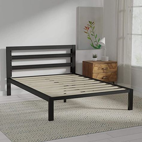 Amazon.com: AmazonBasics Metal Bed with Modern Industrial Design Headboard - 14 Inch Height for Under-Bed Storage - Wood Slats - Easy Assemble, Queen: Furniture & Decor Headboard Beds, Basic Bed, Black Bed Frames, Steel Bed Design, Industrial Style Home, Modern Industrial Design, Modern Beds, Balcony Railing Design, Wood Platform Bed Frame