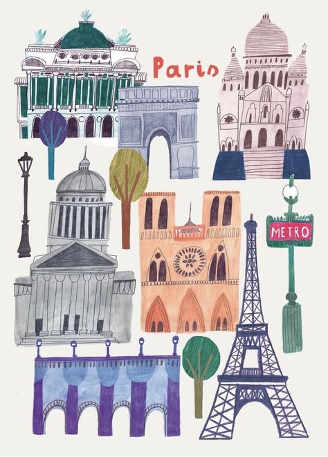 Paris Buildings Illustration, Paris Landmarks Illustration, Paris Graphic Design, Daria Solak, Landmarks Illustration, Landmark Illustration, Paris Collage, France Illustration, Paris Drawing