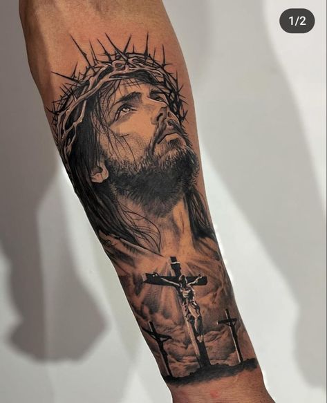 Jesus Forearm Tattoo, Jesus Tattoo Sleeve, Religous Tattoo, Tato Realis, Jesus Christ Tattoo, Jesus Tattoo Design, Neon Car, Bible Verse Tattoos, Christ Tattoo