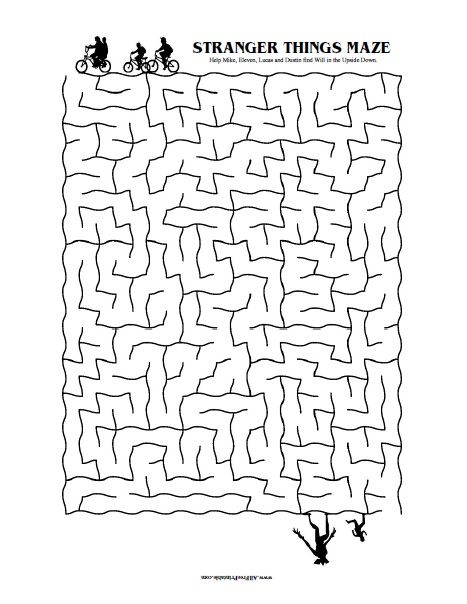 Free Printable Stranger Things Maze. Free Printable Maze from Netflix TV Sci-Fi, Horror Show Stranger Things. Help Mike, El, Lucas and Dustin find Will in the Upside Down. Print the maze free and share it with all Stranger things fans. Great printable that you can use at home or for you next Stranger Things 80's themed party. The Stranger Stranger Things Word Search, Free Stranger Things Printables, Stranger Things Games For Party, Stranger Things Party Games, Stranger Things Games, Stranger Things Printables, Stranger Things Crafts, Stranger Things Birthday Party, Stranger Things Game