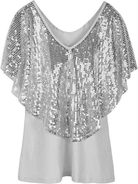 PrettyGuide Women's Tunic Tops Sequin Overlay Cold Shoulder Glitter Cocktail Party Blouse Top #WomensTShirt #PrettyGuide #Affiliate Glitter Tops Outfit, Sequin Cape, Party Blouse, American Girl Clothes, Top Design Fashion, Cold Shoulder Long Sleeve, Silver Tops, Women Tunic Tops, Party Tops