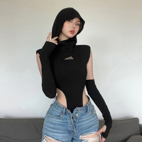 Gothic Shop, Bodycon Tops, Sleeveless Bodysuit, Streetwear Women, Womens Bodysuit, Black Bodysuit, Black Jumpsuit, Festival Outfit, Gloves