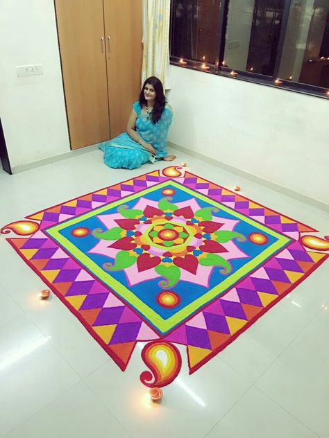 Rangoli Designs Geometrical, Rangoli In Square Shape, Rangoli Designs Big And Easy, Rangilo Design Easy, Haldikunku Rangoli, Rangoli Designs Square, Theme Rangoli Designs For Competition, Square Rangoli Design, Rangoli Designs Latest Unique For Diwali