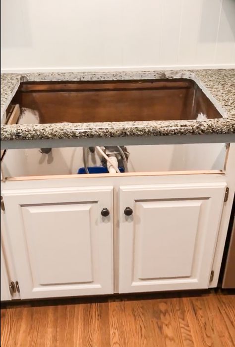 We just shared our Timeless Farmhouse Kitchen Reno and I'm so excited to show you how to add an apron front sink to existing granite counters. Over Counter Sink Kitchen, Faux Apron Front Sink, Drop In Farmhouse Sink With Apron, How To Install A Farmhouse Kitchen Sink, Installing Farmhouse Sink In Existing Cabinets, How To Replace Kitchen Sink, Replace Kitchen Sink, Apron Sink Cabinet, Retrofit Farmhouse Sink