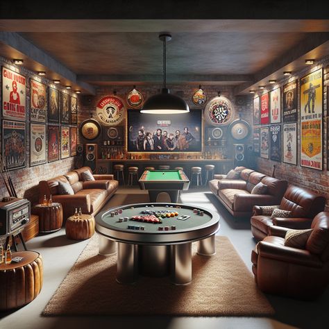 Discover our comfort-centric man cave, combining the perfect mix of entertainment facilities. Relish a poker night at the round table, experience immersive gaming on a large-screen or enjoy classic music from the jukebox. Revel in the warmth of a stocked, neon-lit bar and plush leather sofas. #ManCave #EntertainmentRoom #HomeBar #GamingExperience #HomeInterior #MusicLovers Poker Man Cave, Poker Room Man Cave, Collab Reference, Poker Room Ideas, Unique Man Cave Ideas, Garage Bars, Cabin Basement, Tv Den, Best Man Caves