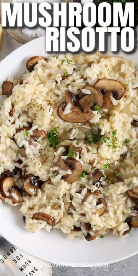 Mushroom risotto is a gourmet-looking side dish that is so easy to prepare. This creamy dish is loaded with mushrooms and parmesan cheese making it a family favorite! #spendwithpennies #mushroomrisotto #recipe #sidedish #gourmetsidedish #easysidedish #creamymushroomrisotto #risotto #creamy #easy Easy Rice Side Dishes, Creamy Mushroom Risotto, Spinach Risotto, Risotto Recipes Easy, Rice Side Dishes, Mushroom Risotto, Risotto Recipes, Spinach Stuffed Mushrooms, Baked Chicken Breast