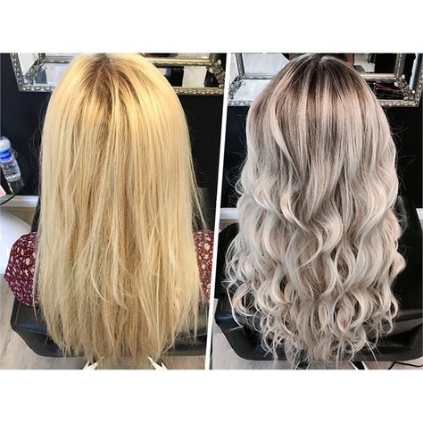 This stylist took a client from damaged, dry yellow blonde to a beautiful pale ashy hue. Ash Vs Golden Blonde, Fall Brunette, Bleach Damaged Hair, Yellow Blonde Hair, Blonde Foils, Cool Blonde Hair Colour, Perfect Blonde Hair, Medium Highlights, Yellow Blonde