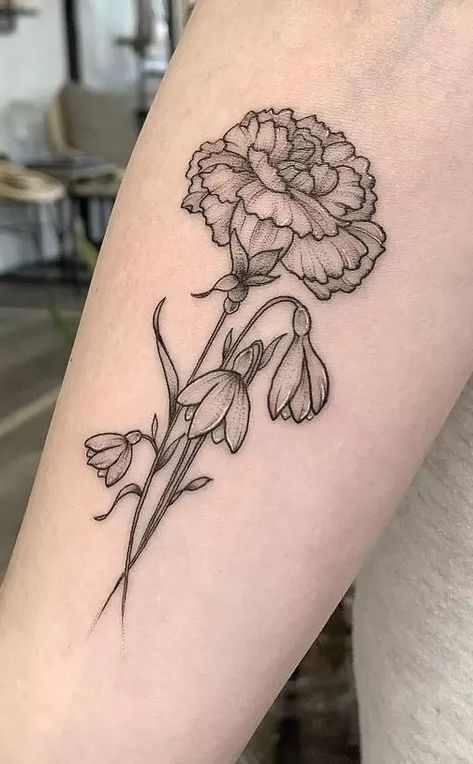 The Meanings Of Carnation Tattoos (Explained In Detail) Carnation Tattoos, Snowdrop Flower Tattoo, Carnation Flower Tattoo, Flower Tattoo Meaning, Carnation Tattoo, Snowdrop Flower, Bouquet Tattoo, Birth Flower Tattoos, Tattoo Style Drawings