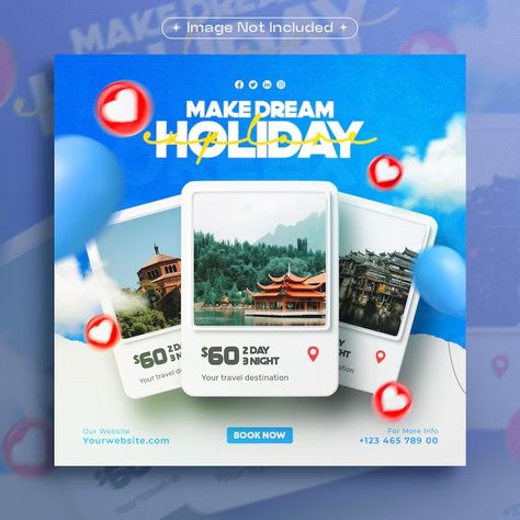 Free PSD | Travel holiday vacation social media post template with photo frame Social Media Frame Design, Resort Social Media Post Design, Travel Banner Design Ideas, Travel Posts Instagram, Travel Agency Social Media Design, Travel Post Design, Travel Social Media Design, Travel Instagram Post, Travel Social Media Post