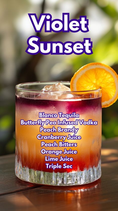 The Violet Sunset is a layered and visually stunning cocktail that combines the bright flavors of blanco tequila, orange juice, and peach brandy with the dramatic color shift of butterfly pea flower vodka. With a splash of cranberry juice and a touch of bitters, this drink offers a vibrant mix of flavors and textures.  #violetsunsetcocktails #peachbrandycocktails via @mybartender Tequila Orange Juice, Everyday Drinks, Violet Sunset, Orange Juice Cocktails, Cocktail Cards, Layered Cocktails, Juice Cocktails, Brandy Cocktails, Hey Bartender