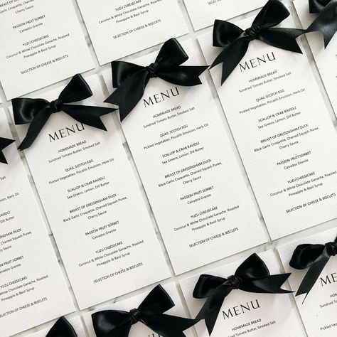 Personally I think every table setting needs a menu with a bow! 🖤 When so much attention goes into deciding what’s on the menu, these gorgeous cards are the perfect way of sharing it with your guests. They are printed onto luxurious Italian textured off white card, and are finished with a pretty, satin ribbon bow in a colour of your choice. https://prettycreativepaper.etsy.com/listing/1677076529 #weddingmenu #bowmenu #weddingmenuribbon #bowwedding #blackweddingmenu #blackweddingstationery... Passion Fruit Sorbet, New Year Menu, Beauty And Beast Wedding, Elegant Wedding Menu, Shine Wedding Invitations, Roasted Pineapple, Menu Layout, White Chocolate Ganache, Wedding Venue Decorations