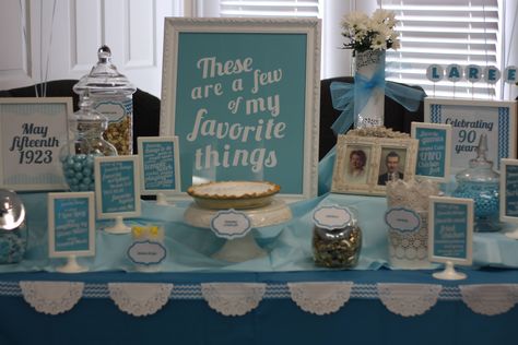 A birthday party should feature the things the guest of honor enjoys most in life - and a "These Are a Few of My Favorite Things" 90th birthday party theme is a fun and memorable theme to tie it all together!These Are a Few of My Favorite Things Party Inspiration #1 - BlueSaveI found this … 90th Birthday Party Theme, 90th Birthday Party Favors, 90th Birthday Party Decorations, Grandmas Birthday Party, 90th Birthday Decorations, 90th Birthday Party, Favorite Things Party, 90th Birthday Parties, 100th Birthday Party