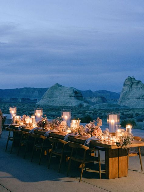 A Fashionable 12-Person Desert Wedding at Amangiri Wedding Recessional Songs, Wedding Lighting Ideas, Romantic Sunset Wedding, Amangiri Resort, Sarah Winward, Stars Photo, Kt Merry, Desert Aesthetic, Beach Table