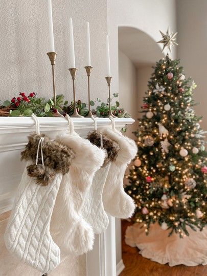 Fur Stockings Christmas, Fur Christmas Stocking, Stocking Aesthetic, Christmas Stairs Decorations, Christmas Stairs, Fireplace Stockings, Christmas Video, Knit Christmas, Christmas Stocking Pattern