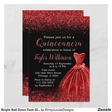 Bright Red Dress Faux Glitter Quinceanera Invitation Plum Purple Dress, Bright Red Dress, Glitter Birthday Party, Debut Invitation, Glitter Birthday Parties, 16th Birthday Invitations, Sweet 16 Birthday Party, Sweet Sixteen Birthday