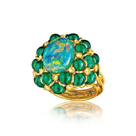 Verdura Woven Basket Ring 18k gold mounting set with cabochon emeralds, round brilliant-cut yellow diamonds and one cabochon Lightning Ridge black opal weighing 9.48 carats. Lightning Ridge Black Opal, Rings Gemstone, Lightning Ridge Opal, Gemstone Art, Yellow Diamonds, Unusual Rings, Jewels Rings, Crystal Tiaras, Woven Basket