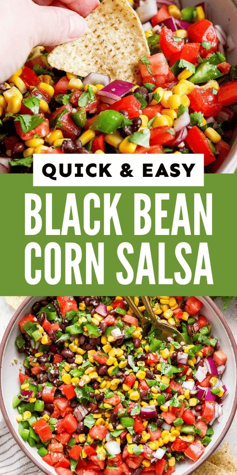 An easy Black Bean and Corn Salsa packed with black beans, corn, tomatoes, red onion, cilantro, and lime juice! Full of flavor and color, it’s ready in only 15 minutes and is the perfect appetizer, dip, or side dish. Recipes With Black Beans And Corn, Black Bean Corn Salsa Recipe, Bean Corn Salsa, Bean Salsa Recipe, Black Bean And Corn Salsa, Cilantro Corn, Corn Bean Salsa, Black Bean Corn Salsa, Corn Salsa Recipe