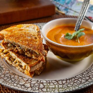 Tomato Soup and Grilled Cheese by Maneet Chauhan Broiled Tomato Soup, Maneet Chauhan, Soup And Grilled Cheese, Grilled Cheese And Tomato Soup, Grilled Cheese Recipe, Ranch Kitchen, Cheese And Tomato, Tomato Soup Recipe, Grilled Cheese Recipes