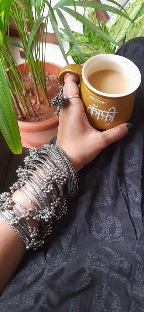 JaiMataDi🔱🔥☄ OriginalityIsBeautiful coffee postcard desigirl bangles black kurta hindi poetry art hands coffeelover cafe caffeine coffeephotography aestheticphoto aestheticphotography desiaesthetic desi pinterest desicore oxidised silver jewellery rings coffeemug ethnic ethnicstyle mystyle kurti #indianaesthetic #desicore indianjewellery india xoxo Bangles Aesthetic, Desi Pinterest, Black Kurta, Oxidised Silver Jewelry, Hindi Poetry, Saree Poses, Desi Fashion Casual, Jewellery Rings, Poetry Art