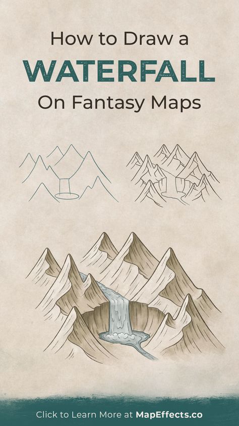 How to Draw a Waterfall on Your Fantasy Maps - Map Effects Tutorial - For Your Next RPG Campaign or Novel Fantasy Map Waterfall, Diy Fantasy Map, Rice Map, Draw A Waterfall, Map Drawing Ideas, Fantasy Map Drawing Ideas, Fantasy Map Drawing, Map Effects, Map Building