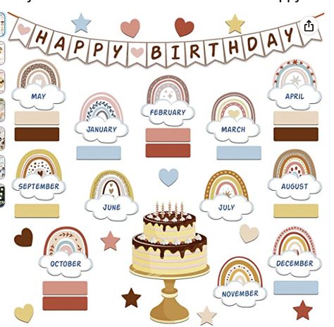 Such a cute and simple birthday set for your classroom! I love that it includes the banner as well. Birthday Board For Classroom, Happy Birthday Board, Rainbow Theme Party Decorations, Decoration For Classroom, Classroom Decor Rainbow, Rainbow Bulletin Boards, Birthday Bulletin Board, Birthday Board Classroom, Birthday Chart