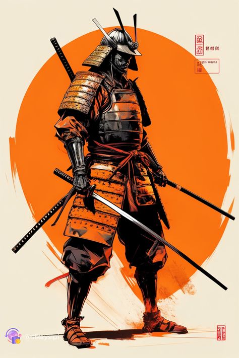 Graphic Samurai*: Graphic design meets historical narrative in this electrifying depiction of a samurai warrior. Its strong visual impact is ideal for a board dedicated to graphic art and samurai culture. #GraphicDesign #SamuraiCulture #VisualImpact Samurai Graphic Design, D&d Samurai, Fantasy Samurai Art, Masculine Design Graphic, Samurai Armor Art, Samurai Warrior Drawing, Samurai Armor Design, Masculine Graphic Design, Samurai Concept Art