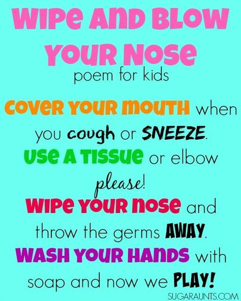 Teaching kids to wash their hands and blow their nose poem. Stop the spreading of germs! #Bacteria #Germs #Staywell Germs Preschool, Manners Preschool, Germs Lessons, Hygiene Lessons, Kindergarten Poems, Hygiene Activities, Childhood Health, Health Activities, Kids Poems