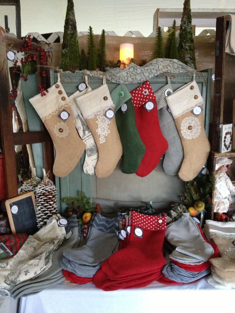 Burlap Christmas Stockings - White Lily Vintage display at Country Living Fair in Columbus, Ohio Country Living Fair, Burlap Christmas Stockings, Fair Display, Craft Fair Displays, Market Ideas, Craft Show Displays, Burlap Christmas, White Lily, Antique Show