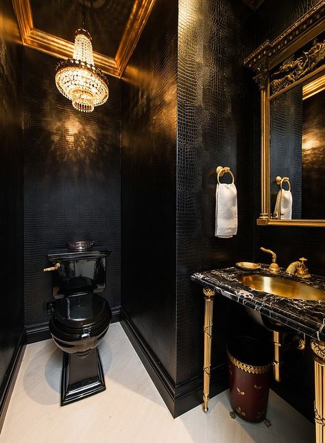 Traditional powder room in gold and black! So chic with the black alligator wallpaper print Alligator Wallpaper, Traditional Powder Room, Gold Bad, Gold Bathroom Decor, Black And Gold Bathroom, Powder Room Decor, Wallpaper Print, Black Toilet, Black Alligator